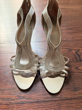 Embellished Silver T-Strap Heels